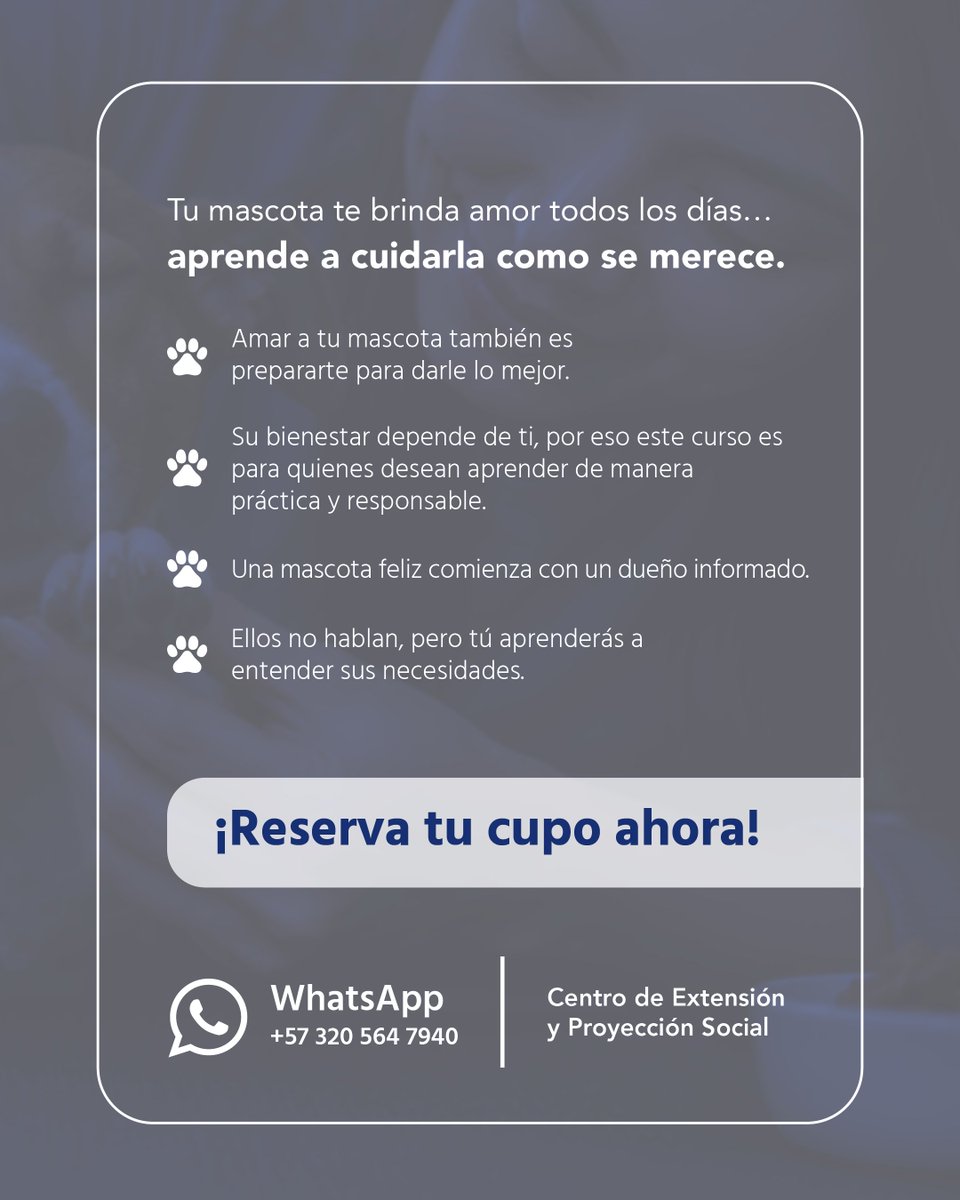 _IUSH's tweet photo. Tu mascota es parte de tu familia🐾
Aprende a entenderla, cuidarla y mejorar realmente su bienestar. 💙

📲 Más info  al WhatsApp +57 320 564 7940

🐶🐱
Inscríbete aquí 👉🏼https://t.co/sxyTKzKeaH https://t.co/31apbbczOf