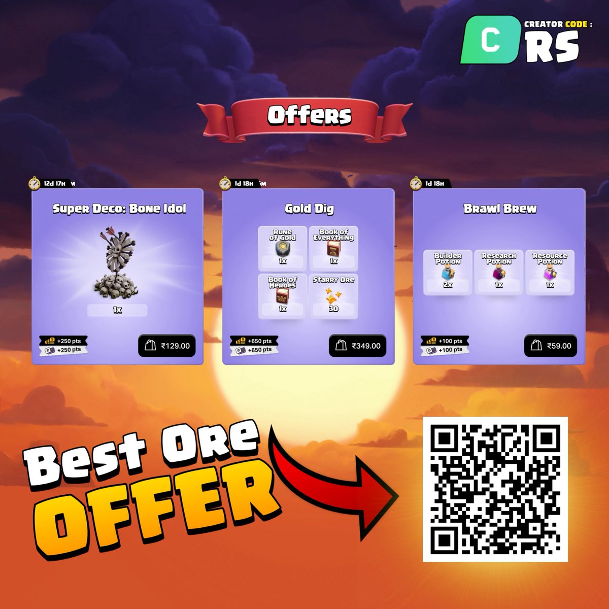 RsClash's tweet photo. Clan games rewards 
My recommend pick 
1- gems
2- shovel of Obstacles
3- power potion
4- Builder potion
5- Research potion / runes for gem (if you are max)
6- book + runes 

Get offer on ore - https://t.co/GsesLWHmrE

#Clashofclans https://t.co/Jh8P6Me0wD