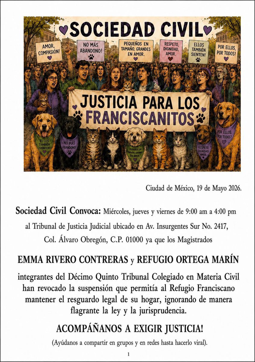 marianoosorio1's tweet photo. Ya basta de injusticias y de irregularidades

“Justicia para los franciscanitos”

Ante el incumplimiento de la ley, la sociedad civil convoca a exigir justicia el miércoles 20, jueves 21 y viernes 22 de mayo al Tribunal de Justicia Judicial. De 9:00 am a 4:00 pm.

“No apagaron el refugio, encendieron la voz de un movimiento”.
