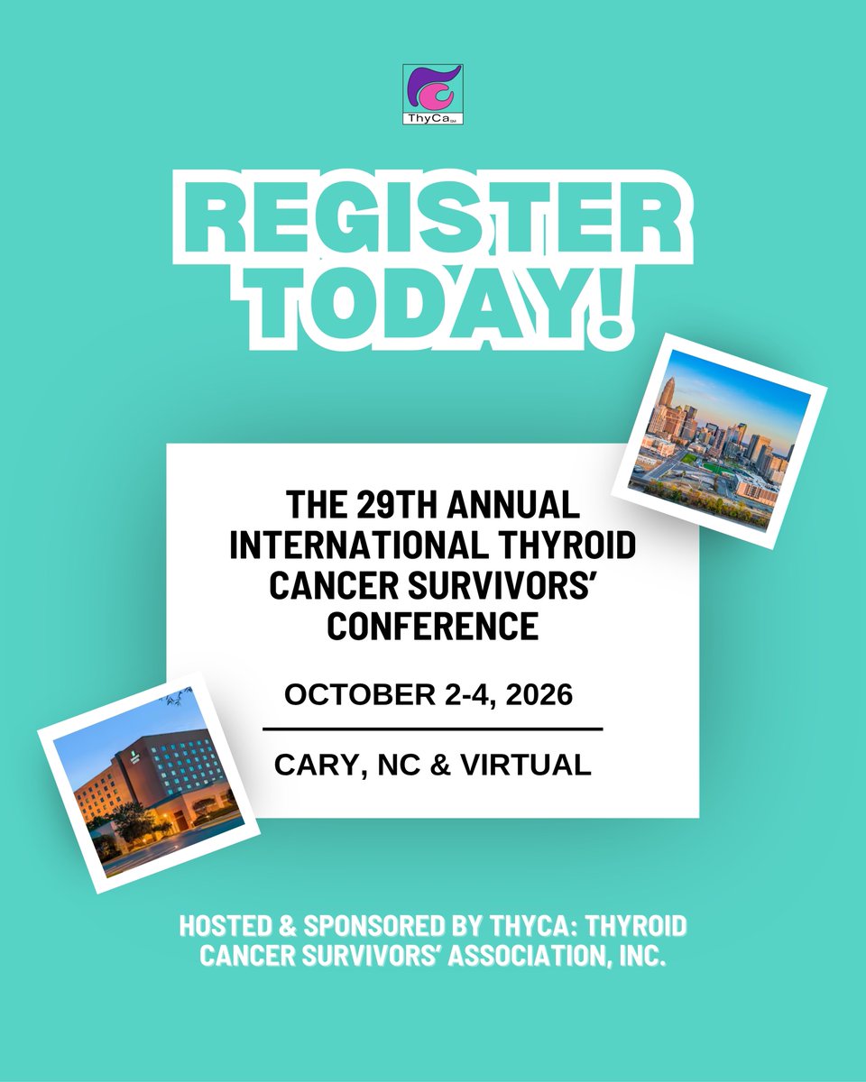 ThyCaInc's tweet photo. Join us for ThyCa’s 29th Annual International Thyroid Cancer Survivors’ Conference! 🦋💫

🗓️October 2–4, 2026
📍 Cary, NC &amp; virtually
✅ Registration is FREE

Secure your spot today: https://t.co/WscCmakRrG https://t.co/Nvsxji6wHy