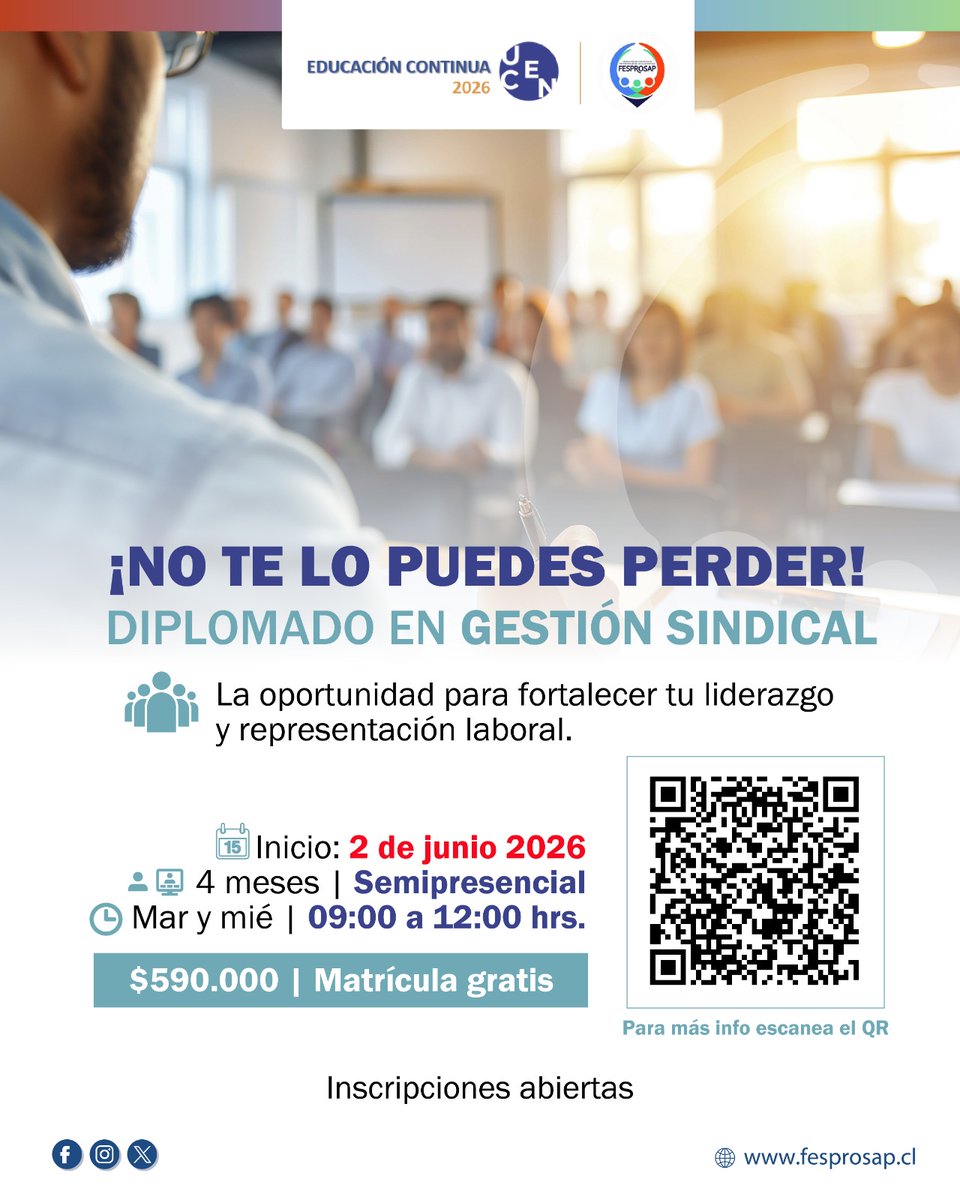 fesprosap's tweet photo. Cambio de fecha
El Diplomado en Gestión Sindical inicia el 2 de junio de 2026.
Liderazgo, negociación colectiva, derecho laboral y gestión sindical.
Modalidad semipresencial
Cupos limitados
Más info:
https://t.co/DwwstHYyFI

#Diplomado #GestiónSindical https://t.co/rt6LTnyMct