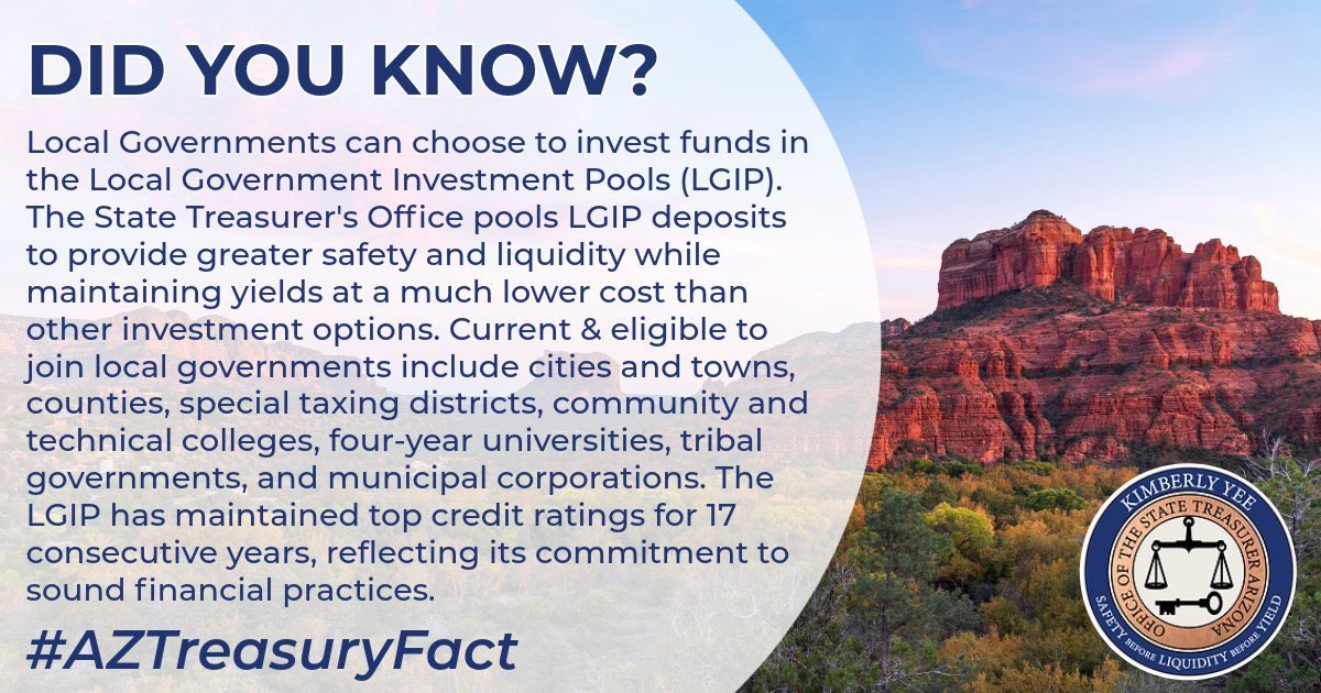 AZTreasury's tweet photo. #AZTreasuryFact: The Local Government Investment Pools (LGIP) offer local governments a secure, Arizona-based investment option, promoting safety and liquidity with 17 consecutive years of top credit ratings. | @AZTreasurerYee https://t.co/Kfd1hvlsny