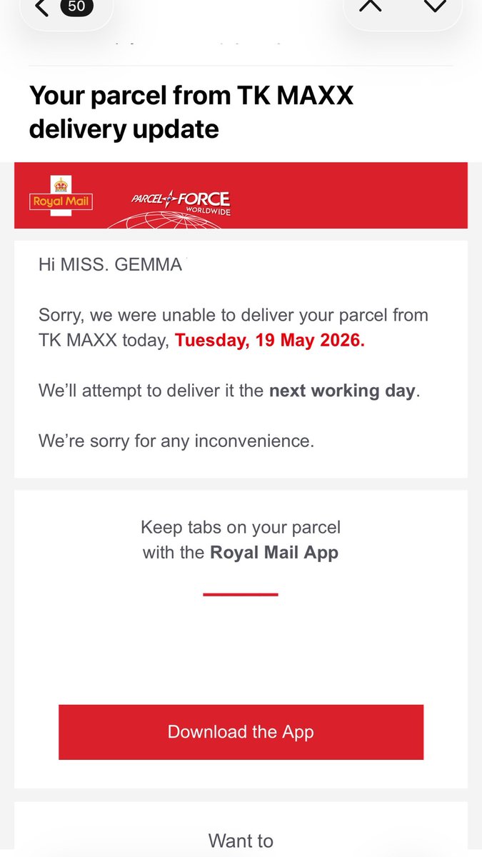 oh_just_because's tweet photo. Just a girl wondering when my @TKMaxx_UK parcel will be delivered. Second time I have received this message https://t.co/0tleECKcNg