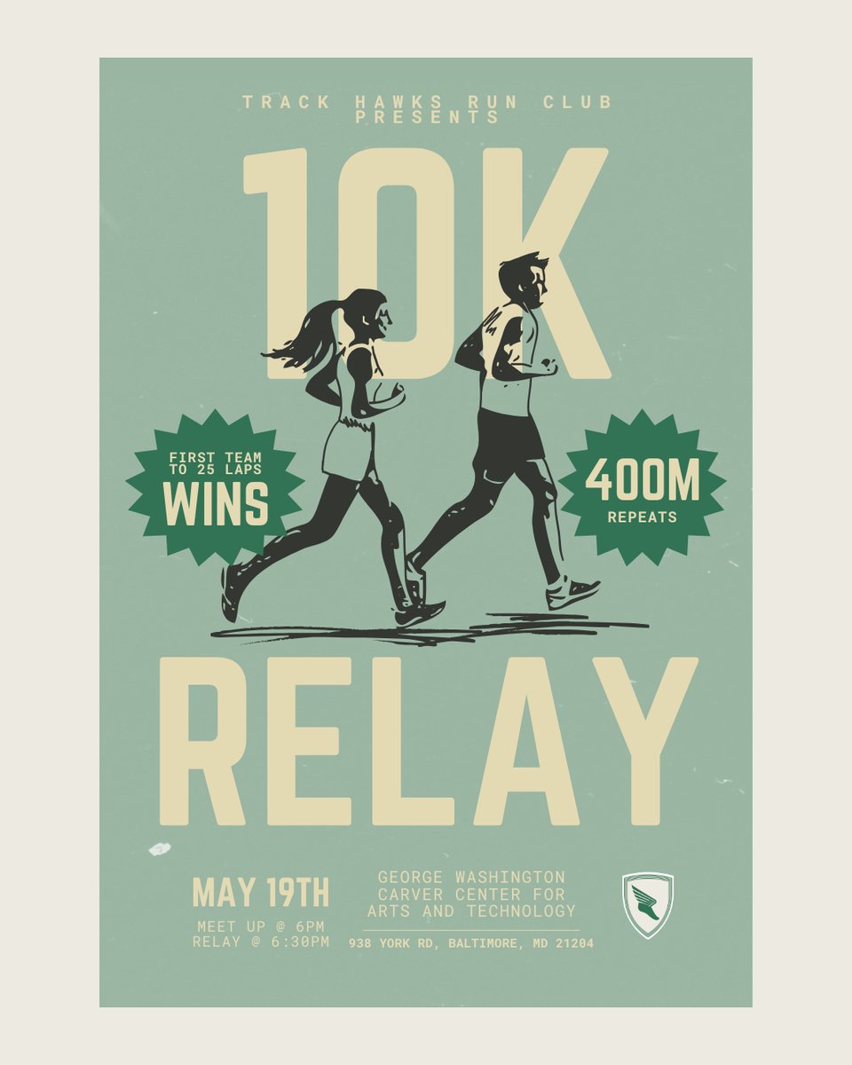 trackhawksrun's tweet photo. Tonight’s interval workout is 400m repeats, in the form of a mixed 10K relay! 🏃🏽‍♀️🏃🏽

Join us at Carver, as we pick teams to tackle this 25 lap challenge, 1 lap at a time. First team to complete the distance wins! https://t.co/ijjCvTxkkl
