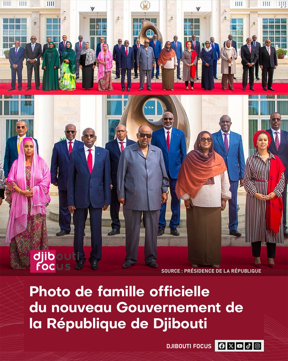 djibfocus's tweet photo. 📸 EN IMAGE - #Djibouti : Ce mardi 19 mai, le nouveau gouvernement s’est réuni au Palais présidentiel pour son tout premier Conseil des ministres. À cette occasion, le Président de la République, le Premier ministre et l'ensemble des ministres se sont prêtés à la traditionnelle séance de la photo de famille.