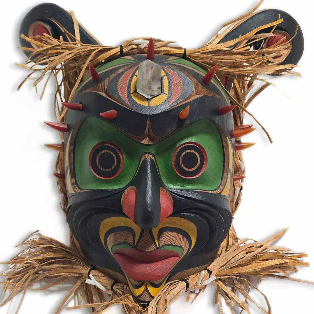 spiritsgallery's tweet photo. This Supernatural Halibut Man Mask is masterfully hand-carved from red cedar by Kwakwaka’wakw artist James Kwaksistala. It is painted in acrylic, enhanced with cedar bark, a crystal, vibrant orange glass beads &amp; dentalium shell, each element contributing to its powerful presence! https://t.co/zMNo0Ql6y3