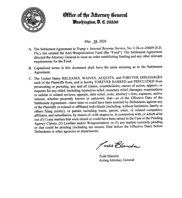 BenjaminSWeiss's tweet photo. 🔎Justice Dept. addendum to the Trump v. IRS settlement says the U.S. government is "forever barred and precluded" from tax "examinations" of Trump, his family or his businesses: https://t.co/etbXleWfcb