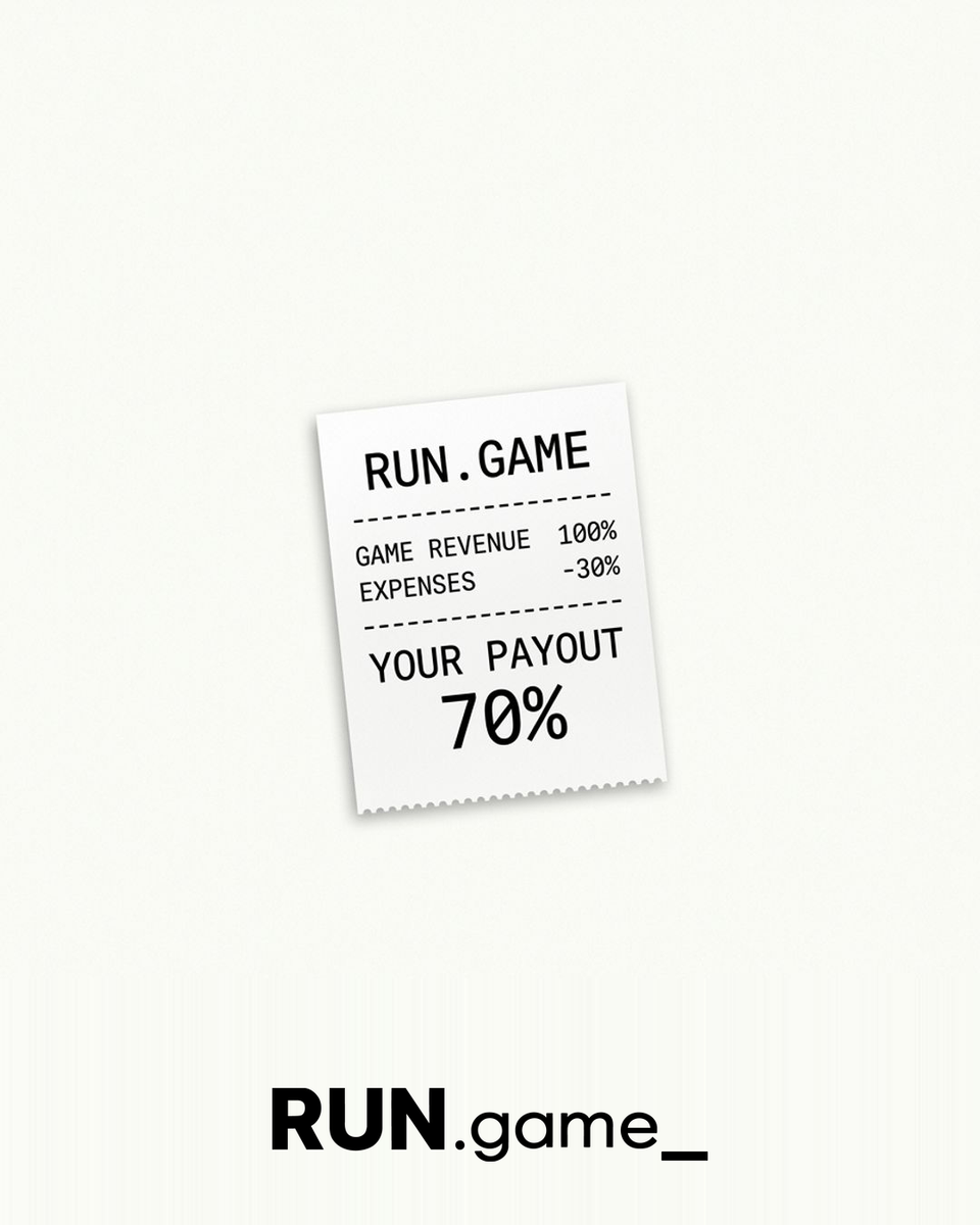 RUN_Creators's tweet photo. Revenue Share is live on https://t.co/zvnufKaLlB. 🟢
You build the games. You drive the community. Now you get paid for it.

Here's how it works:
💚 Standard Creators keep 70% of eligible revenue
🏆 Founders Program keep 80% (spots still available)

Earnings from in-app purchases and ads go into a single balance. Withdraw via Tipalti once you hit $500, or $100 for the first 90 days.

Your games. Your money. 🙂