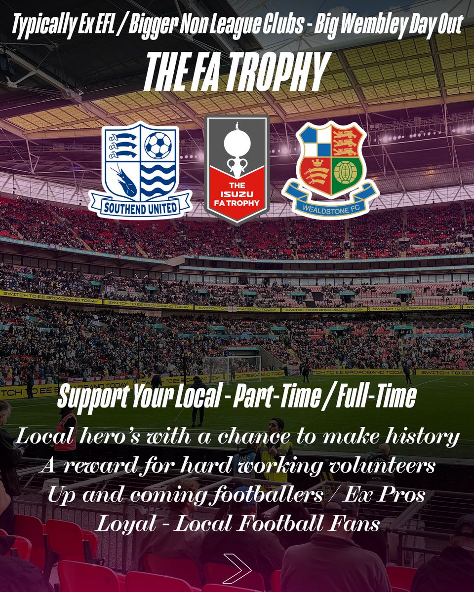DannyDraper15's tweet photo. Went to Non-League Finals Day at Wembley this weekend not really knowing what to expect.

4 teams. 2 finals. 2 trophies. 50,000 fans.

From AFC Stoneham &amp; Cockfosters in the FA Vase to Southend United &amp; Wealdstone in the FA Trophy, Communities and memories under the Wembley arch. https://t.co/d2e7uqSi0k