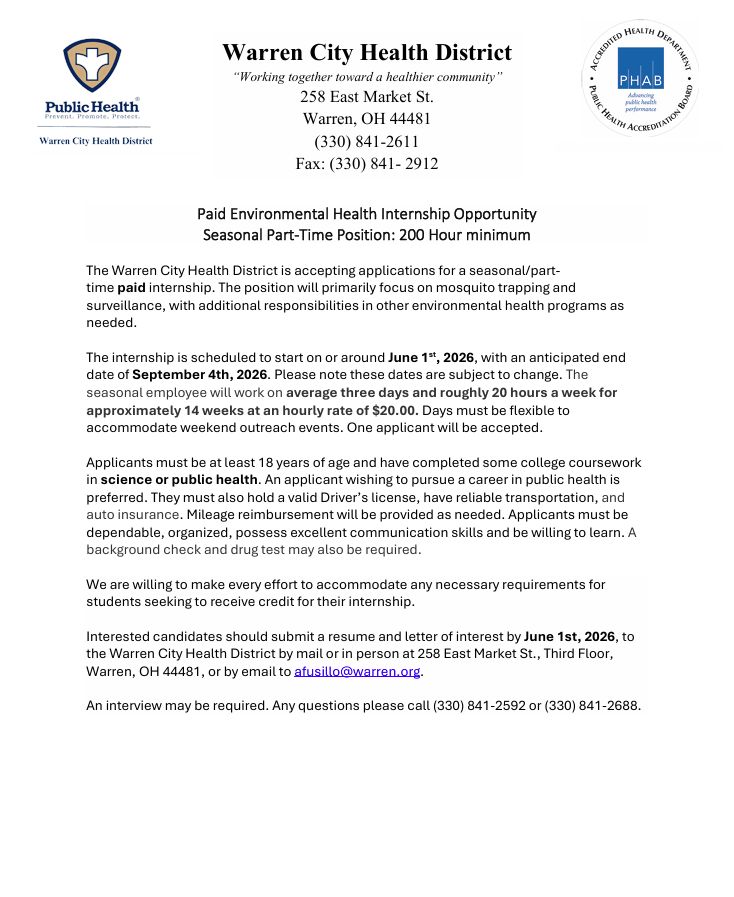 WarrenHealth's tweet photo. 🚨 Interested in mosquito surveillance, environmental health, and hands-on public health experience? We’re encouraging qualified students and aspiring professionals to apply for this summer internship opportunity! 🚨 

Feel free to share with anyone who may be interested! https://t.co/iCiTthZZbS