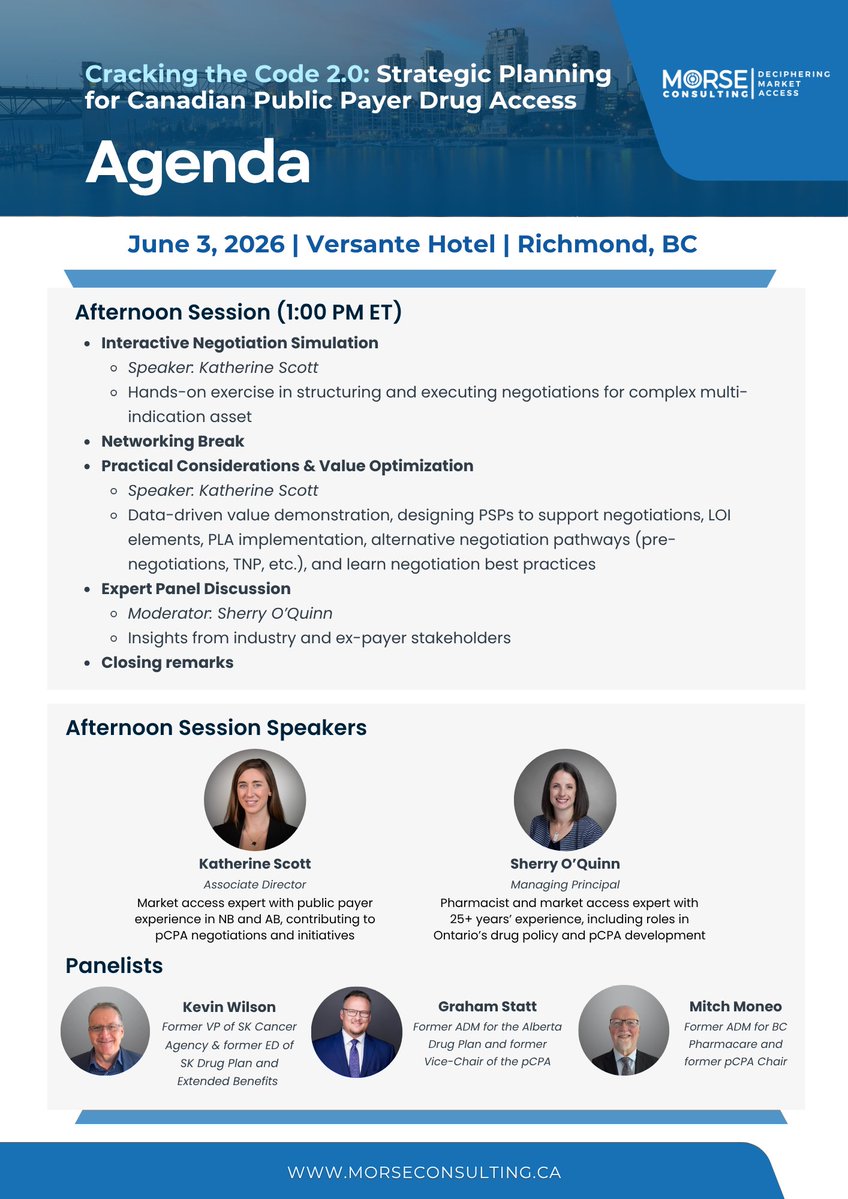 MorseConsult's tweet photo. 🚨 The full agenda for Cracking the Code 2.0 is out! With just weeks to go, this is your final opportunity to secure your spot now: https://t.co/PWoFsZE9sw 

#CrackingTheCode #MarketAccess #PublicPayers #CanadianHealthcare #PharmaStrategy #MORSEConsulting #VancouverEvents https://t.co/5xy3T6nhsi