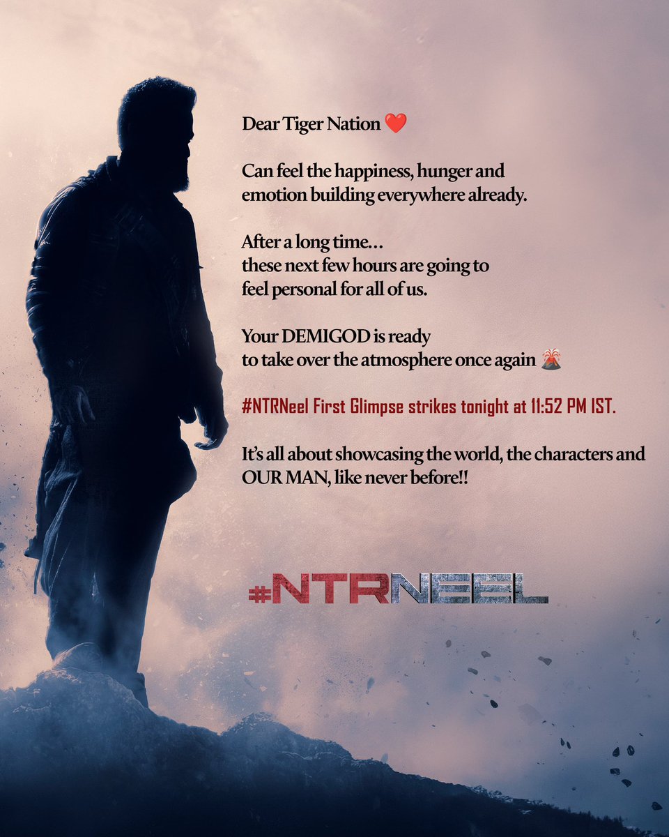 view7media's tweet photo. Just a few more hours away from witnessing the #NTRNeel First Glimpse 
Get ready to ENTER ITS WORLD and MEET ITS CHARACTERS from 11:52PM tonight 
@NTRNeelFilm @TSeries
@sureshchandraa
@abdulnassaroffl
@donechannel1 https://t.co/wM8EWLDr47