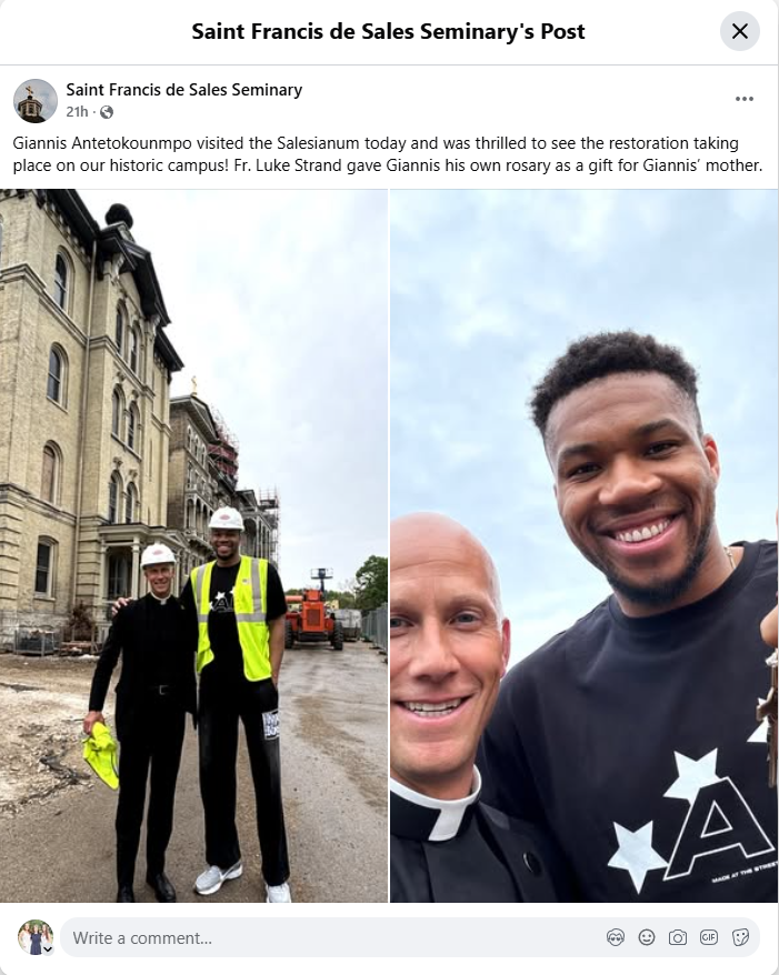SCarson_News's tweet photo. Giannis got a tour of the St. Francis seminary and got a rosary as a gift for his mother. Seminary raised $75 million for renovations. 
From FB (flagged by @RicoReporting) https://t.co/dECp2fPL9g https://t.co/qTk9rivavG