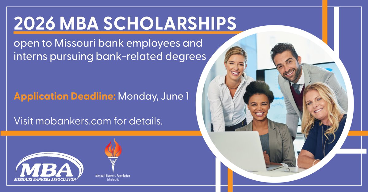 mobankers's tweet photo. The June 1 deadline for our scholarships is quickly approaching! A limited number of $2,000 scholarships will be awarded to bank employees and interns in July.  https://t.co/aq0SCMFUBf #scholarships #banking #mobankers4u https://t.co/9btrKk0lmD