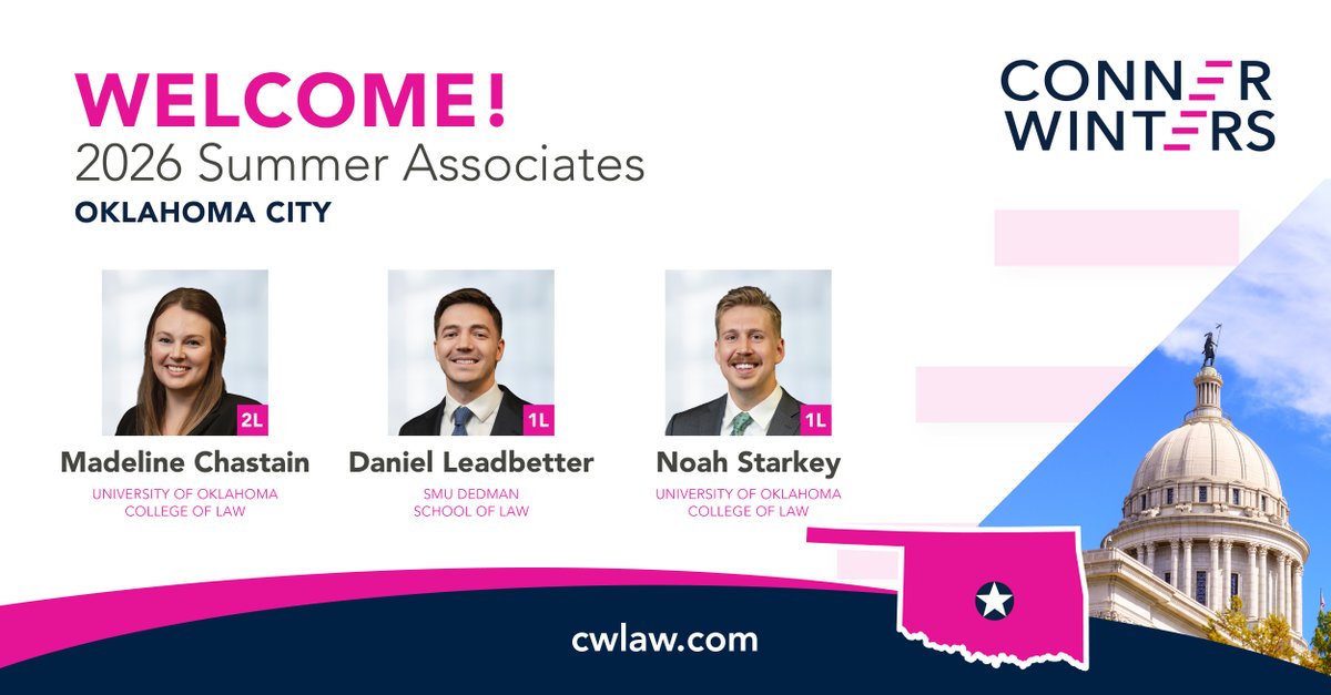 Conner_Winters's tweet photo. We're excited to have 3 talented summer associates join us in OKC - Madeline Chastain (2L) &amp; Noah Starkey (1L) from @UofOklahomaLaw and Daniel Leadbetter (1L) from @smulawschool! They'll be working on matters while learning how to deliver a client experience that's a step above. https://t.co/CR2vtzSaGh