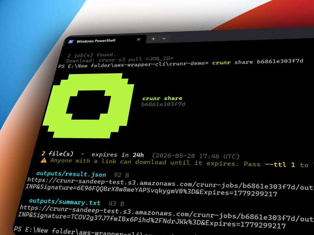 crunrdotcom's tweet photo. you ran the job. now share the output.

crunr share --all

that's it. presigned S3 link. anyone can from your team can download. link expires when you say.

update dropped 👇
https://t.co/MtZsd85B4G https://t.co/J6pU4qJIH4