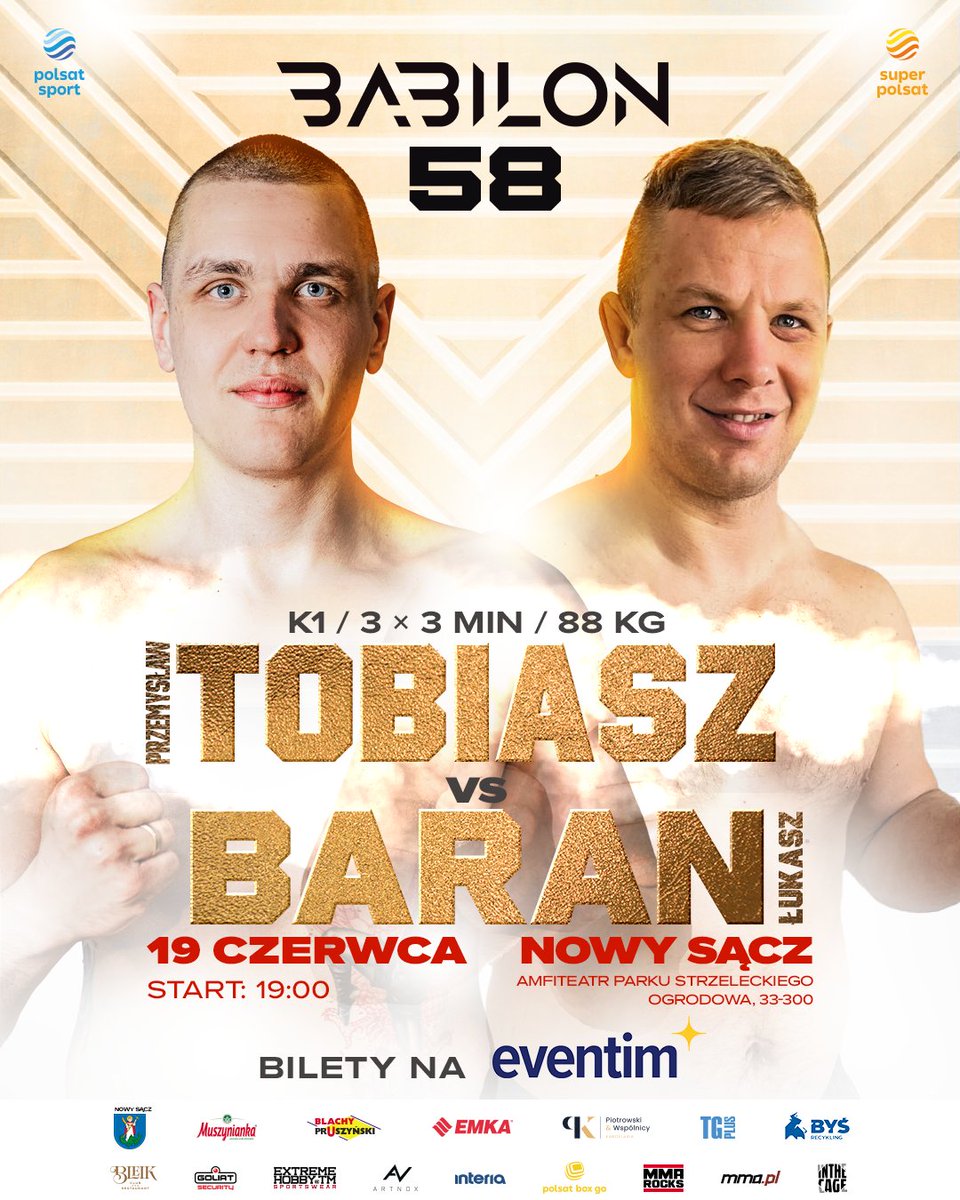 BabilonMMA's tweet photo. REWANŻ ZA MISTRZOSTWA POLSKI K1!🥊 

Kilka tygodni temu wygrał Tobiasz 🥇 Jak będzie w rewanżu na zawodowych zasadach?

K1 | 3 x 3 min | 88 kg:
Przemysław Tobiasz vs Łukasz Baran

🔸 Babilon 58 | 19/06 | Nowy Sącz | EVENTIM
📺 Super Polsat | Polsat Sport Fight | Polsat Box Go https://t.co/eOoufo9COu
