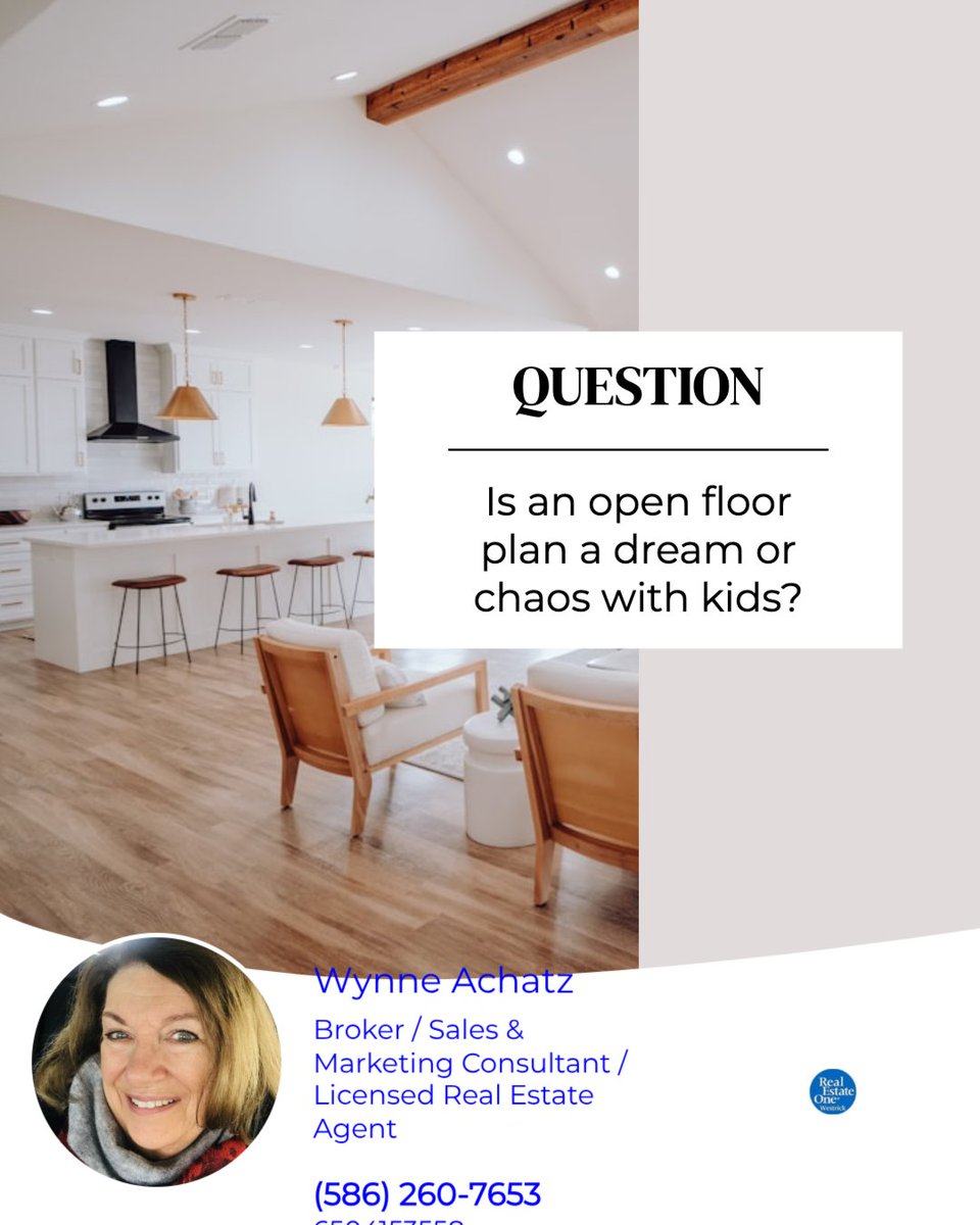 MichiganAgent's tweet photo. Open floor plans look great—but real life can be different. 🏡
With kids:
👶 Easier supervision
🔊 More noise
🧺 Mess is always visible
🧘‍♀️ Less privacy
❤️ More together time
📦 Layout matters more
Would you choose an open concept or more separation? https://t.co/usURIe6VHD