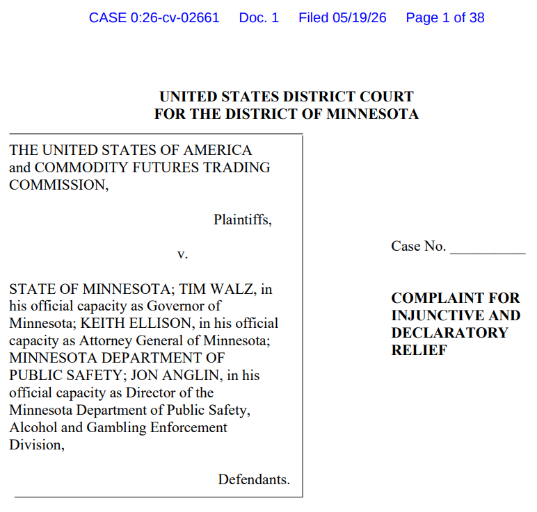CryptoBizzle's tweet photo. Minnesota is next in line for a CFTC lawsuit.

A 35-page omnibus bill signed last night by Governor Tim Walz included a provision that the CFTC called "the first outright ban on prediction markets in the U.S."

The bill would also extend criminal liability to payment processors, media organizations, and sports leagues that advertise, verify, or provide data tied to prediction markets.

The CFTC is flexing its "exclusive jurisdiction" over prediction markets, telling states to keep their hands off.

Read more 👇