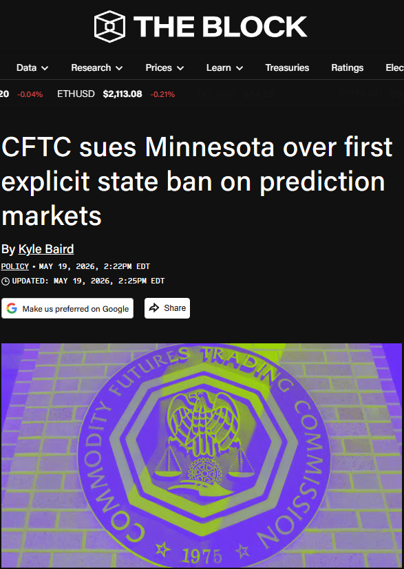 CryptoBizzle's tweet photo. Minnesota is next in line for a CFTC lawsuit.

A 35-page omnibus bill signed last night by Governor Tim Walz included a provision that the CFTC called "the first outright ban on prediction markets in the U.S."

The bill would also extend criminal liability to payment processors, media organizations, and sports leagues that advertise, verify, or provide data tied to prediction markets.

The CFTC is flexing its "exclusive jurisdiction" over prediction markets, telling states to keep their hands off.

Read more 👇
