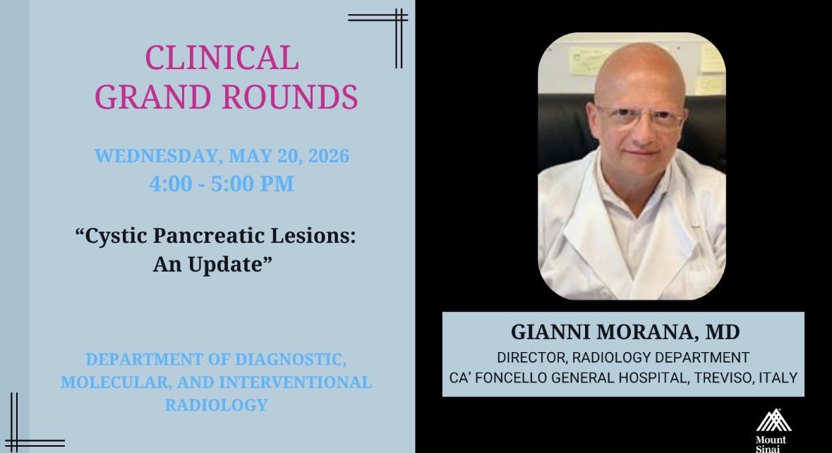 MountSinaiDMIR's tweet photo. We’re excited to welcome Dr. Gianni Morana as our featured speaker for Clinical Grand Rounds tomorrow, May 20, at 4:00 PM. We hope you’ll join us! #GrandRounds https://t.co/mNKZQCODpw