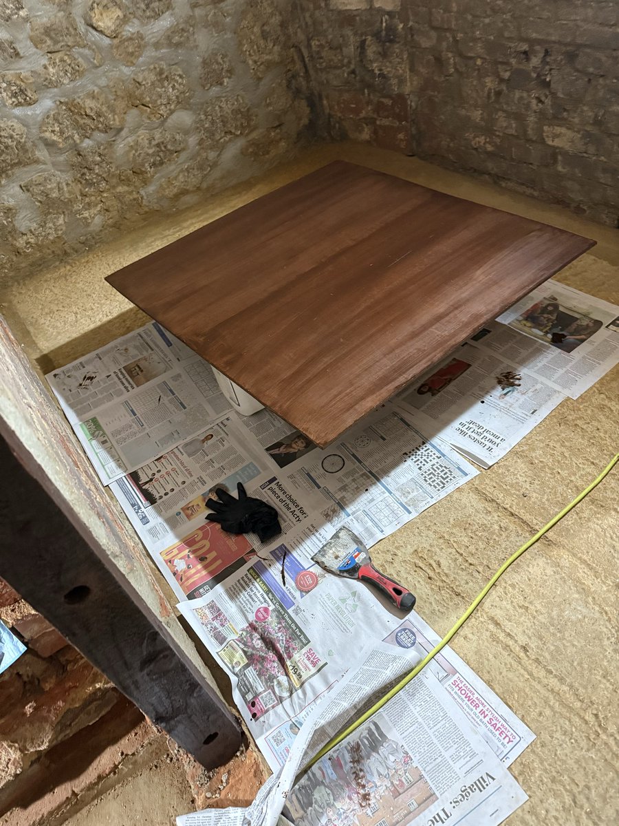 TheUnderDungeon's tweet photo. Spent the morning making a template, cutting wood, painting wood things!…mortared the door post but haven’t braved the step yet! https://t.co/6gTw7PHuol