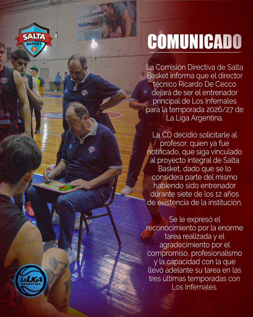 SaltaBasket's tweet photo. Desde @SaltaBasket agradecemos el profesionalismo y la dedicación del salteño @Coachdececco quien desde otro lugar seguirá vinculado a Los Infernales. Gracias DT!!!

#VamosInfernales https://t.co/iE1cQghFJ2
