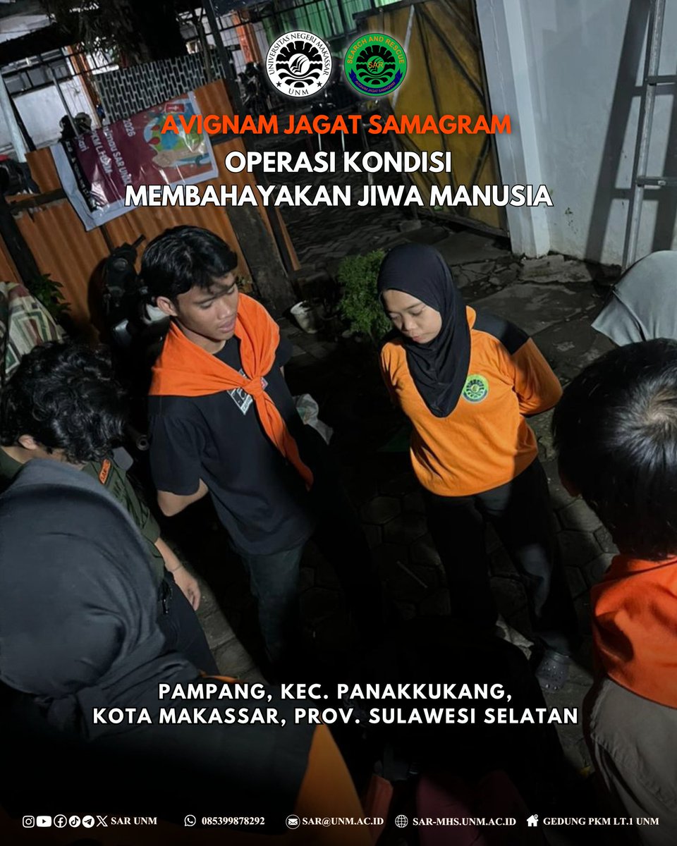 SAR_UNM's tweet photo. Assalamu’alaikum Warahmatullahi Wabarakaatuh

Avignam Jagat Samagram

Selasa (19/05/2026), pukul 20.00 WITA, telah masuk informasi operasi membahayakan jiwa manusia di Pampang, Kec. Panakkukang, Kota Makassar, Sulawesi Selatan.

https://t.co/PKnPgPHqF9 https://t.co/d2jWW770nt