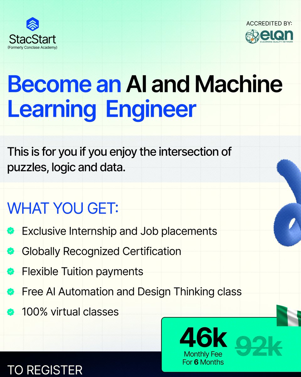 Ola_adesakin's tweet photo. Stop watching AI change the world and start building it. 

@stacstart is offering a 50% discount on their course

They have placed 80% of their students in tech jobs.