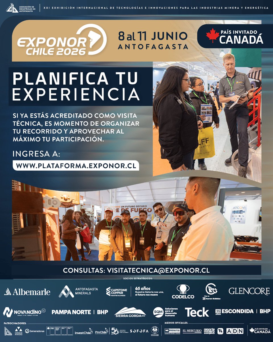 exponorcl's tweet photo. Es momento de planificar tu experiencia y sacarle el máximo provecho a tu recorrido en EXPONOR.

Ingresa a la plataforma y revisa el programa oficial, el layout de la exhibición, el catálogo de expositores, seminarios y charlas técnicas.

🔗https://t.co/68dqJuL5Lg https://t.co/ZxM1NnfogT