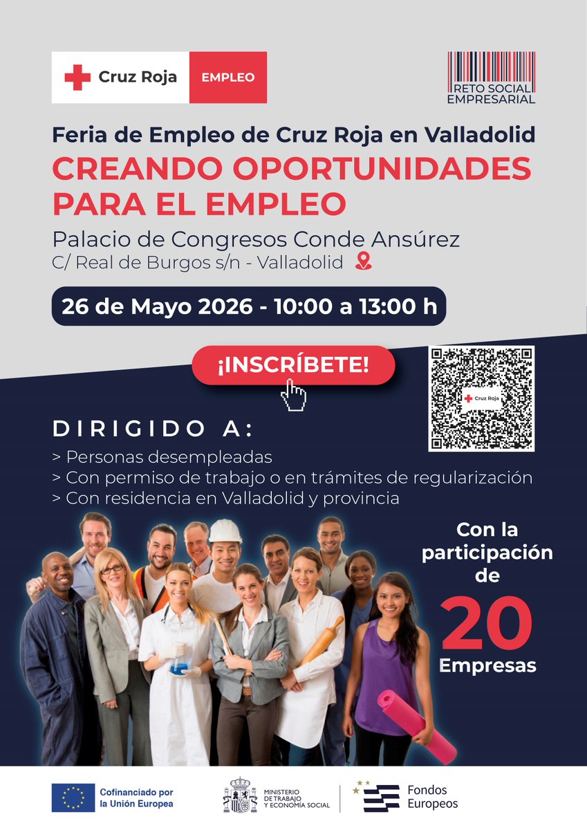 cruzrojava's tweet photo. 🌟 ¡Llega la 1ª Feria del @CruzRoja_Empleo en Valladolid!🌟
Un espacio para conectar talento y oportunidades 💼
👉 Si estás buscando una oportunidad laboral, ven a conocer recursos, orientación y salidas profesionales.
✏️QR
📢¡Te esperamos! 
Cofinancia #UE @empleogob https://t.co/FY6hRsbkqG