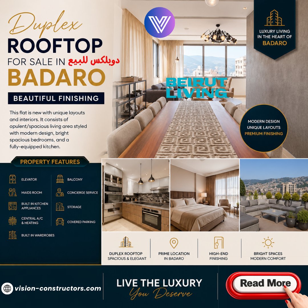 Vision_Blb's tweet photo. Duplex Rooftop for Sale in Badaro | 
https://t.co/svrP46TvgU
دوبلكس روف فاخر للبيع في بدارو
Beautiful Finishing | Modern Design | Prime Location
دوبلكس مميز بتشطيبات فاخرة وتصميم عصري ضمن منطقة راقية في بدارو https://t.co/QXz5IpUW3C