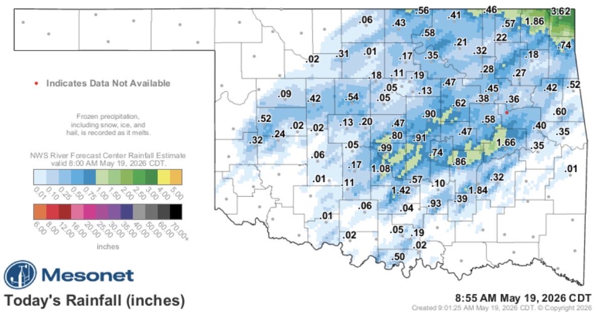 emilyrsutton's tweet photo. Widespread rain without severe weather?! Yes! Will Rogers recorded an inch of rain! ☔️ This marks the start of a wet weather pattern - rain is likely all day Thursday!

9AM Tue @kfor #okwx https://t.co/qiYNlp9B3a