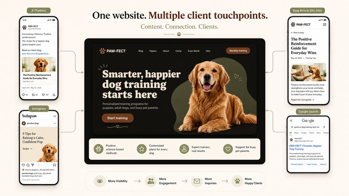 prinspire's tweet photo. What's the point of a great clinic if no one can find it?

Your website should be working for you at 2am.
Blog ranking on Google. Social building trust. X keeping you visible. 

All of it feeding back to one thing, more clients walking through your door.

We set this up for vet hospitals. DM us. 🐾