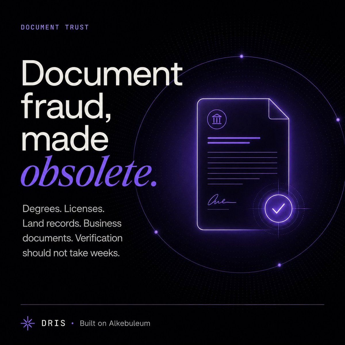 alkebuleum's tweet photo. A document should not lose its power because it crossed a border.
Degrees. Licenses. Land records. Business documents.
Africa needs verification that is fast, trusted, and owned at the infrastructure layer.
#Alkebuleum #SovereignAfrica #DigitalIdentity #AfricanBlockchain https://t.co/ZX2eASGP3P