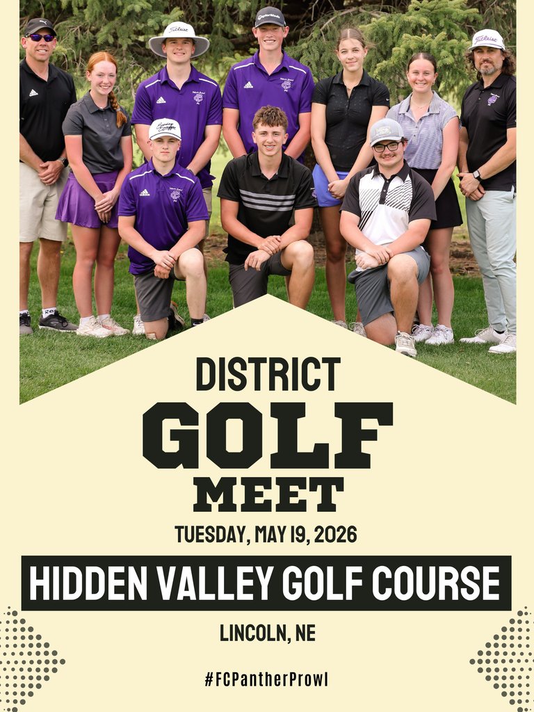 FCPSPanthers's tweet photo. ⛳️District Golf Tournament ⛳️

🗓️ May 19
📍Hidden Valley Golf Course, Lincoln, NE
📸 Blue Skies Photography

Graphic created by Mrs. Wit's Digital Media class
#FCPantherProwl https://t.co/rsZ8ojTQme