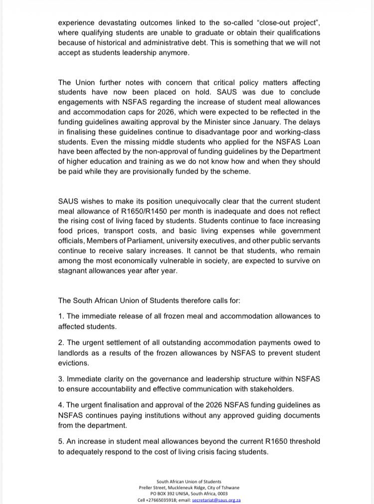 SAUS_2019's tweet photo. SAUS strongly condemns the freezing of NSFAS allowances affecting over 12 000 qualifying students across the country. Students cannot be expected to write tests and examinations under conditions of hunger, uncertainty, and financial distress.
#NSFAS #SAUS #StudentAllowanceCrisis https://t.co/RnhvENAr9d
