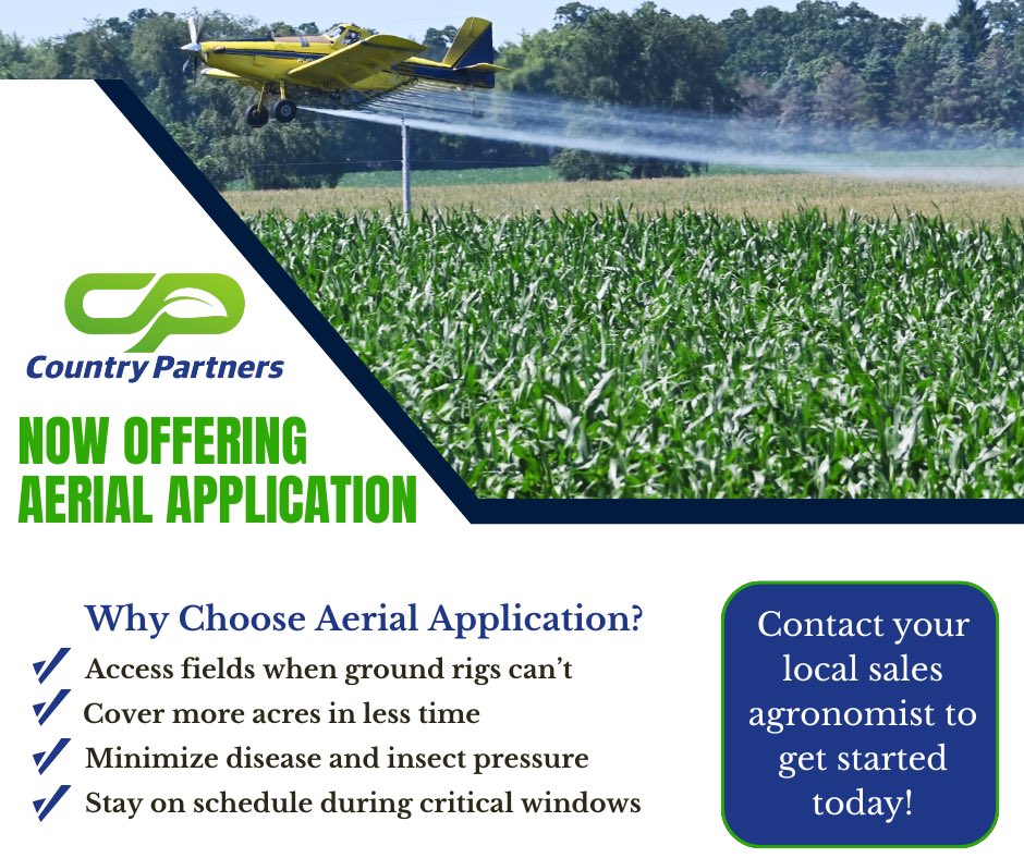 CountryPartner's tweet photo. At Country Partners, we know every acre matters. That's why we're proud to offer aerial application services designed to help our producers get timely, efficient coverage while minimizing disease and insect pressure. Contact your local sales representative to learn more today! https://t.co/zmCnDp4ocN