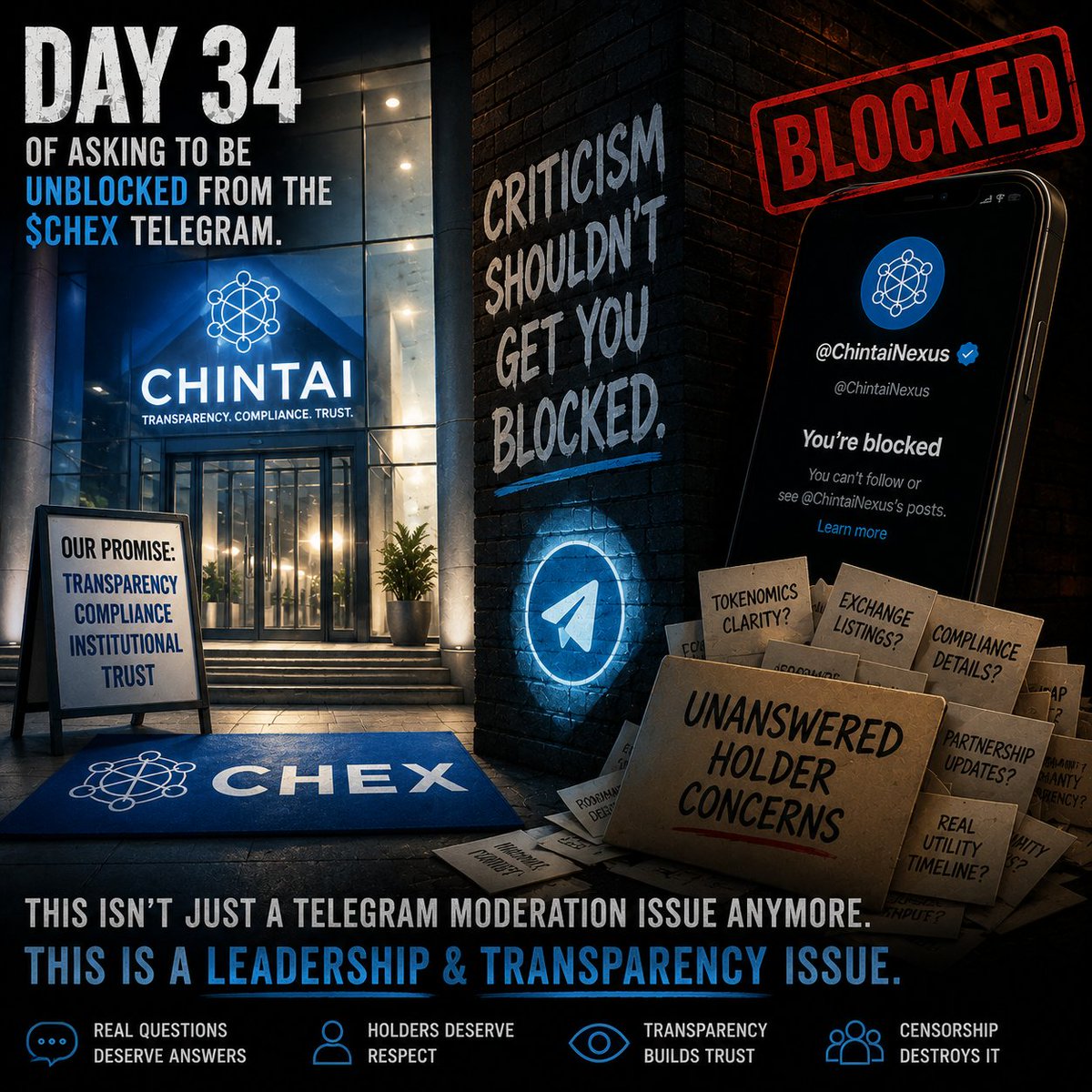 Lion7Flash's tweet photo. Day 34 of asking to be unblocked from the $CHEX Telegram.

At first, this was framed as a “community-run Telegram” issue.

But now the official @ChintaiNexus account has blocked me on X as well.

That changes things. It starts to look less like independent moderation and more like the company itself endorsing censorship and avoidance of criticism.