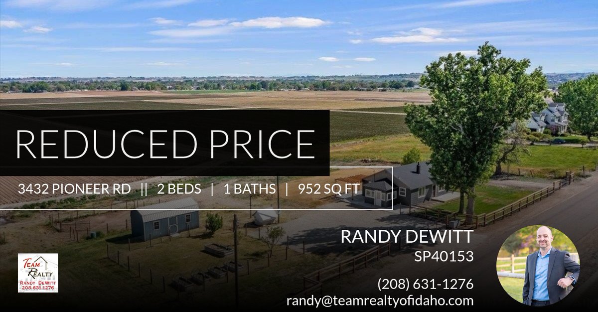 RealtorRandy208's tweet photo. 📍 Reduced Price 📍 This recently reduced home at 3432 Pioneer Rd in Homedale won't last long, so, don't wait to set up a showing! Reach out here or at (208) 631-1276 for more information!

Randy DeWitt
Team Realty of Idaho https://t.co/LwwpoAFQ5M https://t.co/j3OLYjg2nx
