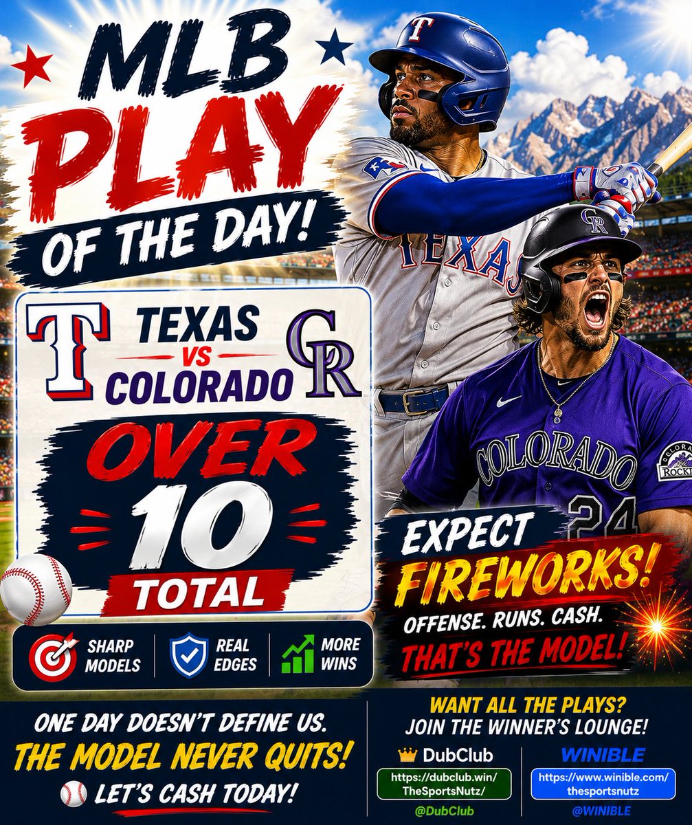 BobLoGrasso's tweet photo. Writing
🔥 MLB PLAY OF THE DAY 🔥
Texas/Colorado OVER 10 💰⚾
Runs. Fireworks. Cash. 💥
One day never defines us… the Baseball Model NEVER quits 👊
👉 https://t.co/7zGgAm3J5r @DubClub
👉 https://t.co/ofaGDIHuYE @WINIBLE
#MLB #MLBBetting #BaseballPicks https://t.co/tWxE7PLmDl