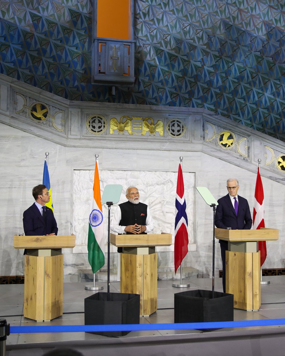 SwedishPM's tweet photo. Important discussions with Indian PM Modi and Nordic colleagues @ India-Nordic Summit. In uncertain times partnerships with good friends are more important than ever. Together we strengthen our security and prosperity – India can count on the Nordics. https://t.co/hK2rxCSwbf