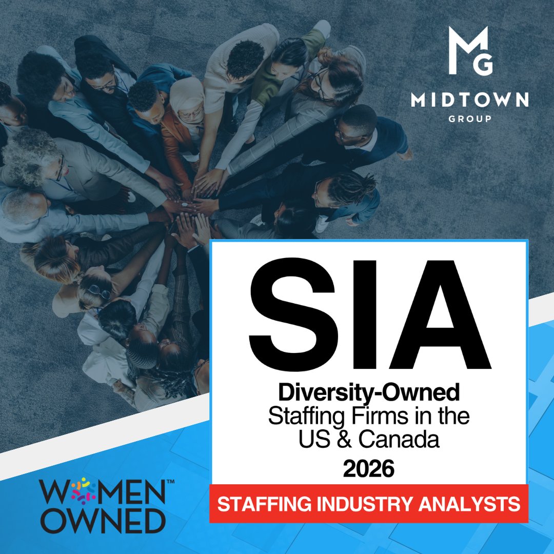 DCMidtownGroup's tweet photo. The Midtown Group has been named to the 2026 Diversity-Owned Staffing Firms list by @SIAnalysts.
Proud to deliver impactful workforce solutions while championing diversity. Read more: https://t.co/DVYd2Xsa6s 

#SIA #LoveWhatYouDo #DiversityOwned https://t.co/UkFzh03nKV