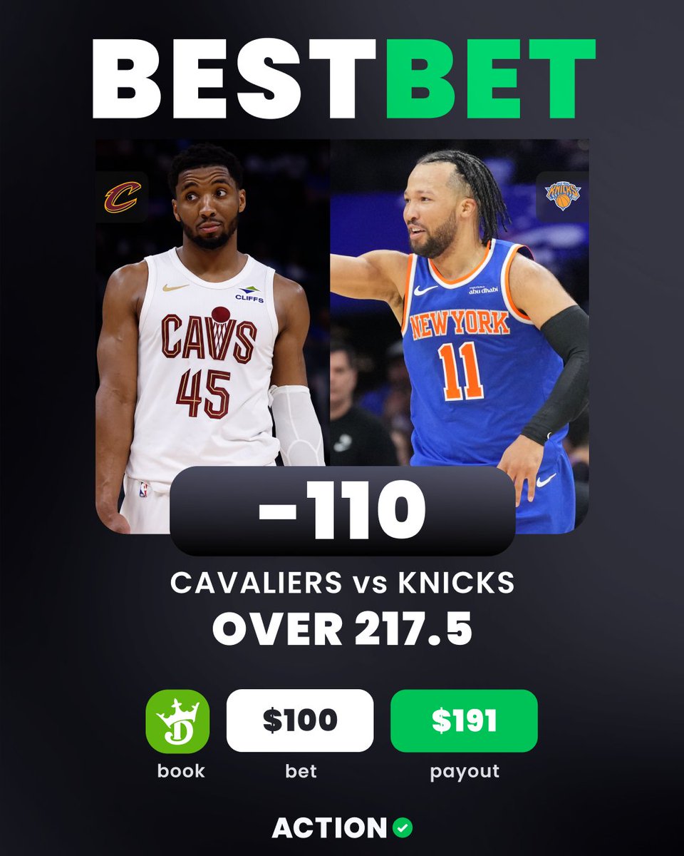 ActionNetworkHQ's tweet photo. 💰CAVALIERS vs KNICKS BEST BET

🎯Over 217.5 (-110)
👇Add directly to your betslip
https://t.co/RfVrGvLGIj

🗣️"If the Cavs hang around, it’s because they’re cooking offensively; if they crash, a rested Knicks team will put up a massive number on a gassed defense." -@HPbasketball https://t.co/R5UldfxVHp