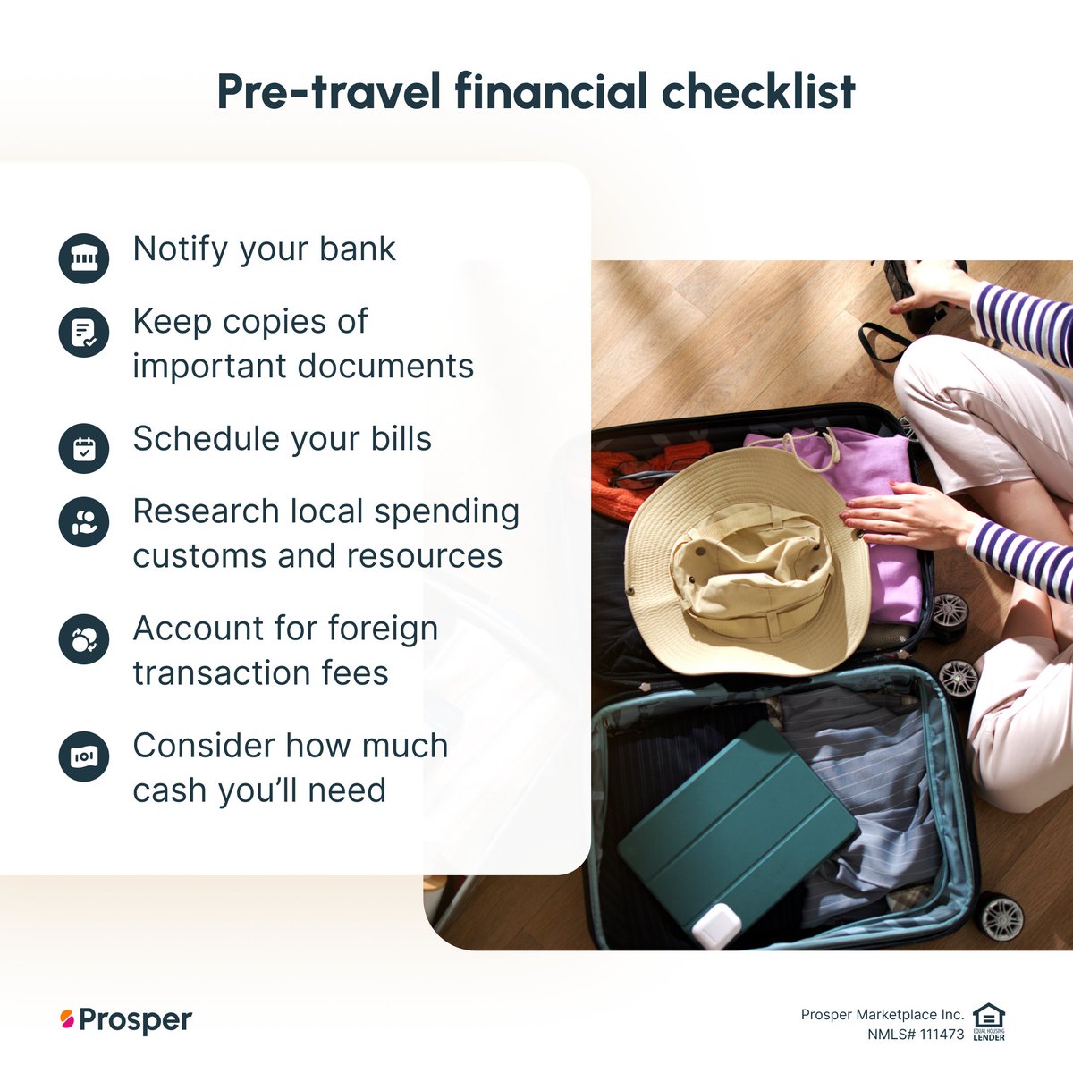 ProsperLoans's tweet photo. Getting ready for your next getaway? Don't forget your financial safety while packing your bags! 

Check out our checklist to secure your finances while traveling: https://t.co/af3pHF8qq9 https://t.co/OvaiPGWKN2