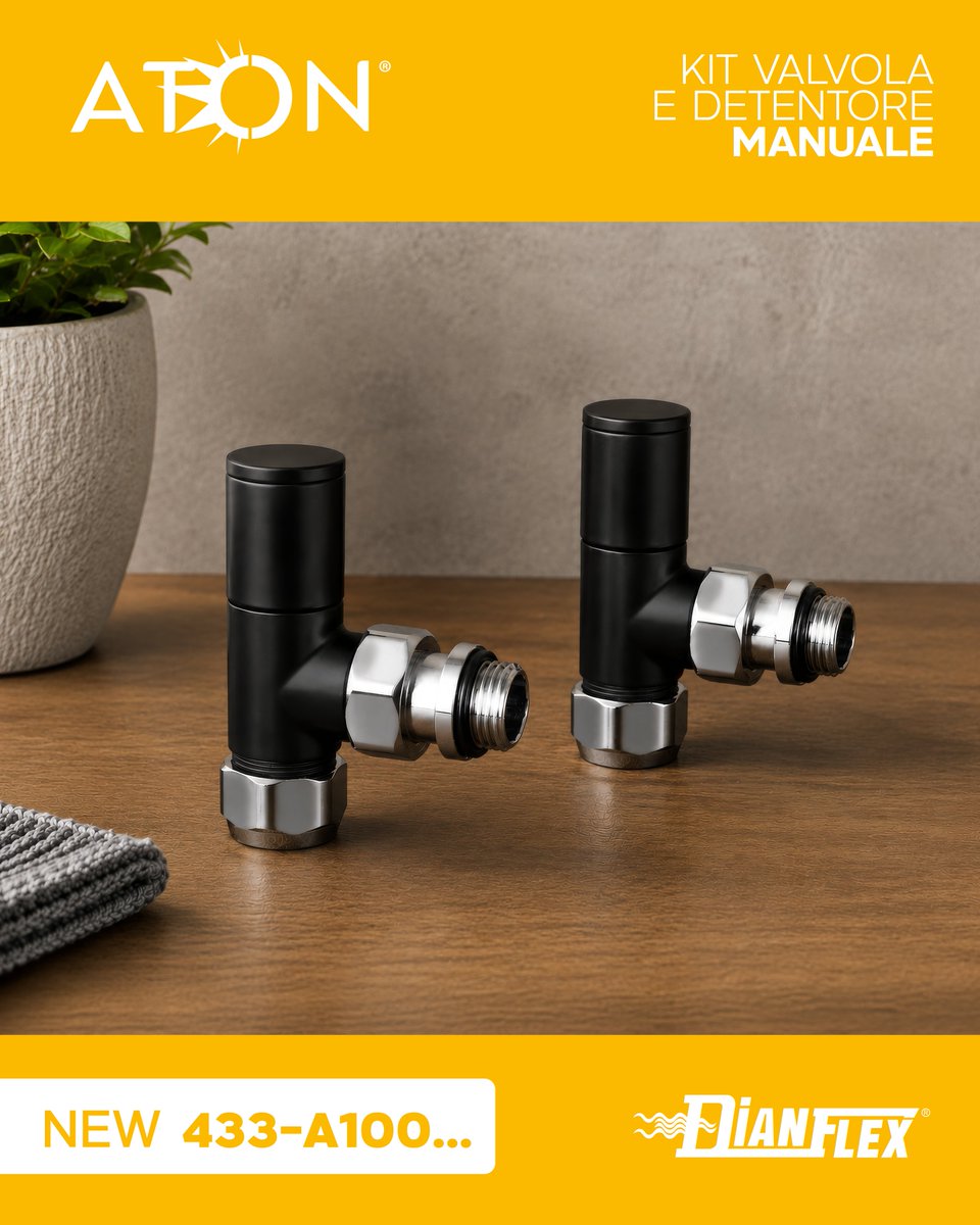 DianflexC's tweet photo. Nuove soluzioni Aton 🔥

Kit valvola e detentore manuali o termostatizzabili per radiatori, con raccordi inclusi e 3 finiture disponibili.

Disponibile anche la testa termostatica UNI EN 215 con sensore integrato e regolazione 6°C–28°C.

🔗 https://t.co/7afBA2Te0L

#DianFlex https://t.co/qBoPGMNOZd
