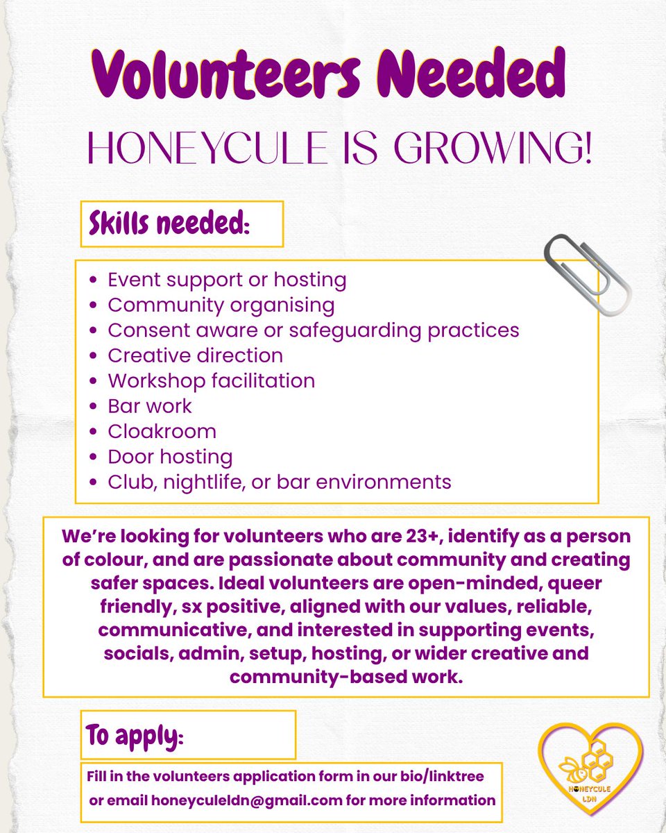 Honeycule's tweet photo. 🍯 COMMUNITY VOLUNTEER CALL OUT 🍯

As Honeycule continues to grow, we’re looking for more amazing people to help us build safer spaces for POC exploring ENM✨

Read the flyer and if you feel you can contribute to our community in any way. Apply below: 

https://t.co/nVXFwGyIgJ https://t.co/3uaZYRHdlt