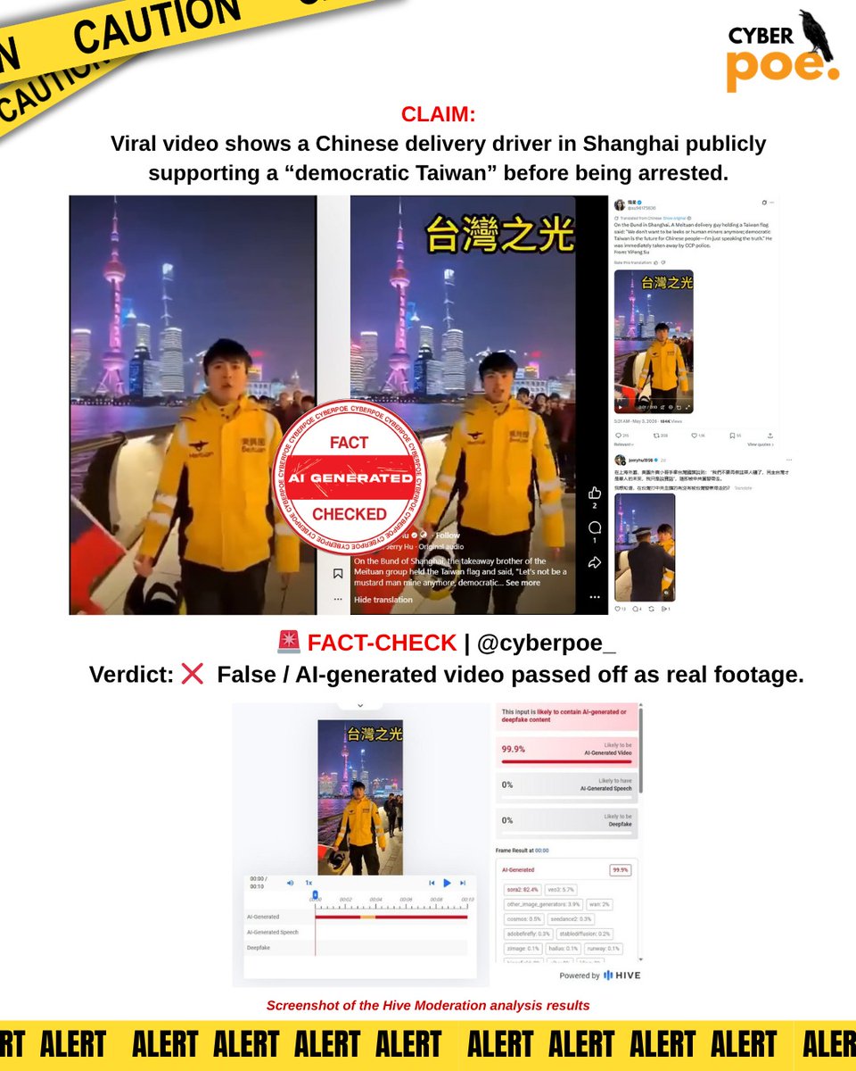 cyberpoe_'s tweet photo. 🚨 FACT-CHECK | @CyberPoe_

Claim: Viral video shows a Chinese delivery driver in Shanghai publicly supporting a “democratic Taiwan” before being arrested.

Verdict: ❌ False / AI-generated video passed off as real footage.

👉 For the full in-depth article, visit us at:
🔗https://t.co/Fd5LgntMoK