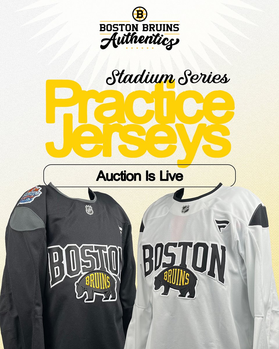 BostonProShop's tweet photo. The latest Authentics auction is live! Bid now on the jerseys worn by the B's during practice in Florida ahead of the 2026 Navy Federal Credit Union NHL Stadium Series. https://t.co/zHoUH69QF2
