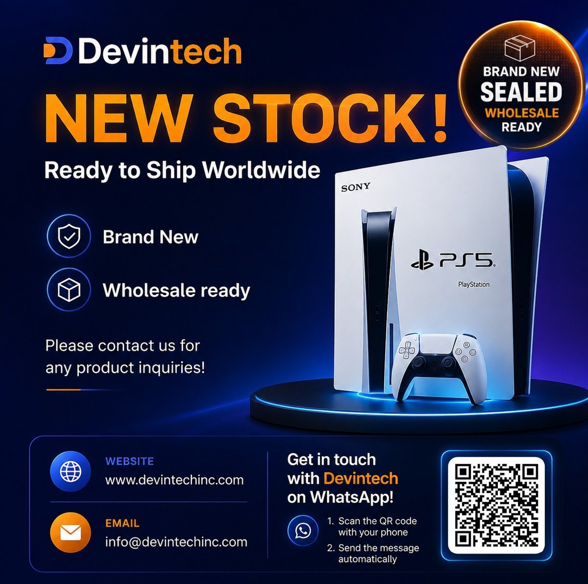 devintech_inc's tweet photo. Don’t miss out on our latest PS5 offers. 
All brand new, sealed units available at competitive pricing, supported by a reliable and consistent supply. 
Please feel free to contact us anytime for more details or availability. https://t.co/s9sVPQyQSG